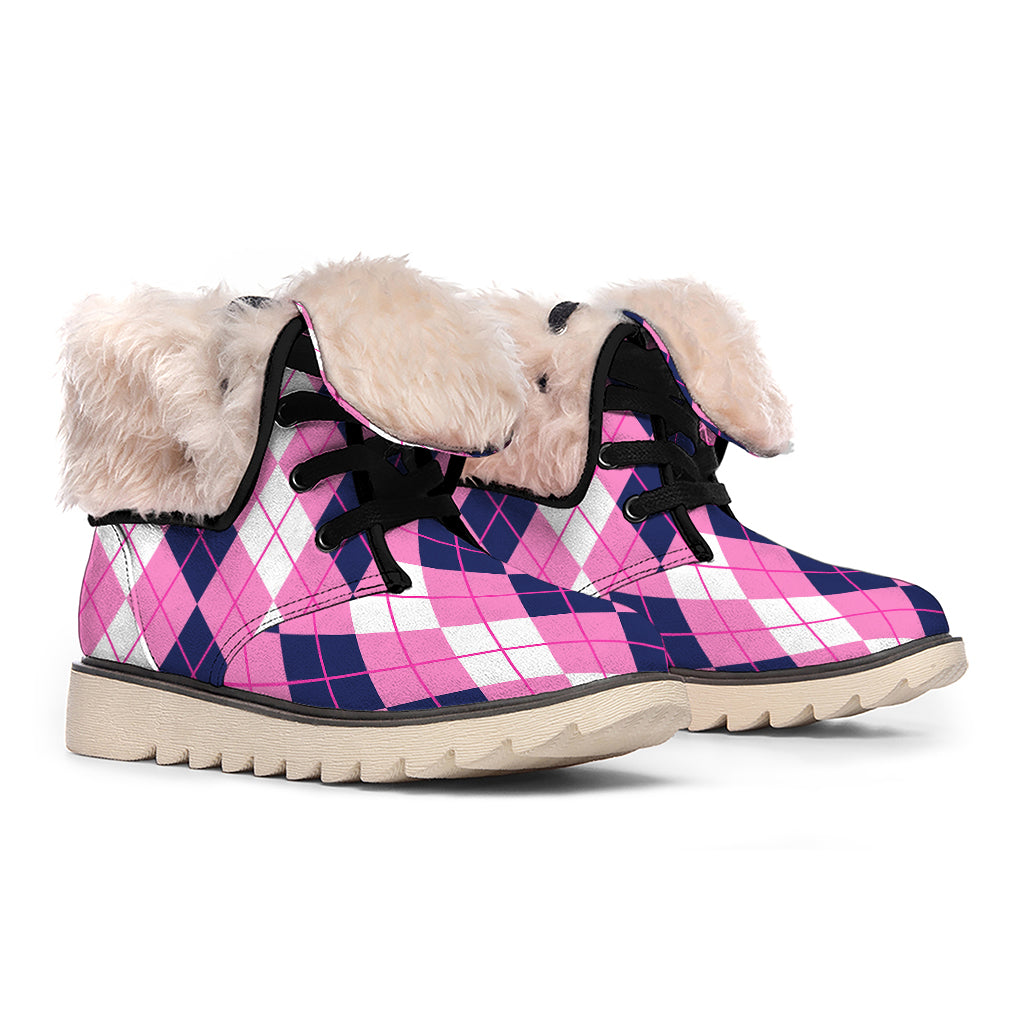 Pink White And Blue Argyle Pattern Print Winter Boots