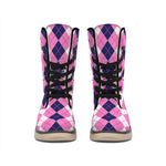 Pink White And Blue Argyle Pattern Print Winter Boots