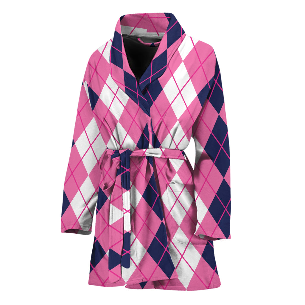 Pink White And Blue Argyle Pattern Print Women's Bathrobe