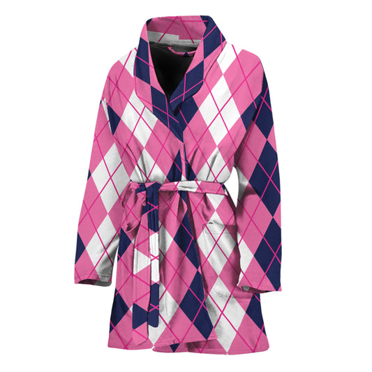 Pink White And Blue Argyle Pattern Print Women's Bathrobe