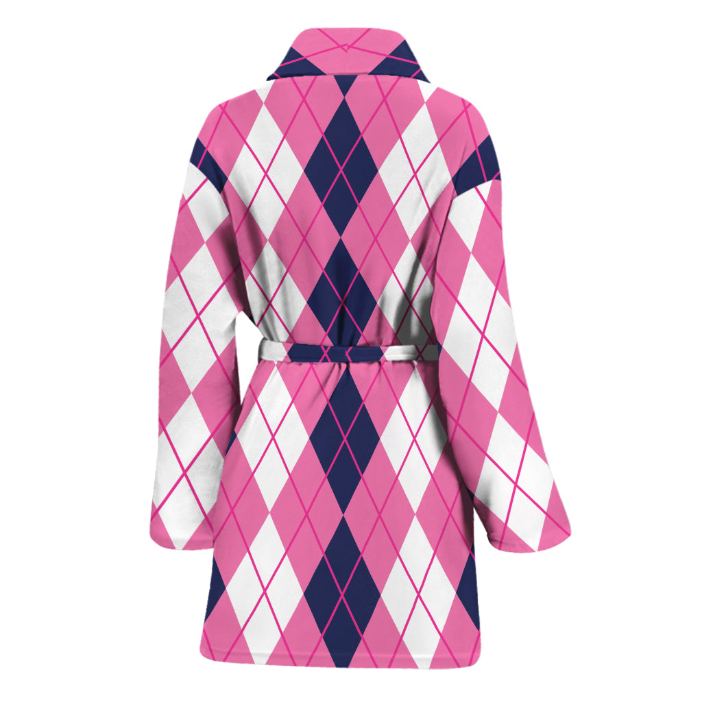 Pink White And Blue Argyle Pattern Print Women's Bathrobe