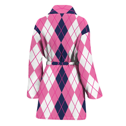 Pink White And Blue Argyle Pattern Print Women's Bathrobe
