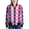 Pink White And Blue Argyle Pattern Print Women's Bomber Jacket