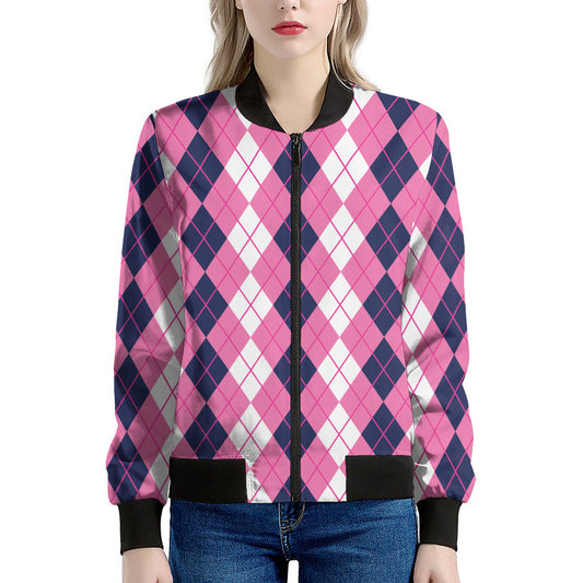 Pink White And Blue Argyle Pattern Print Women's Bomber Jacket
