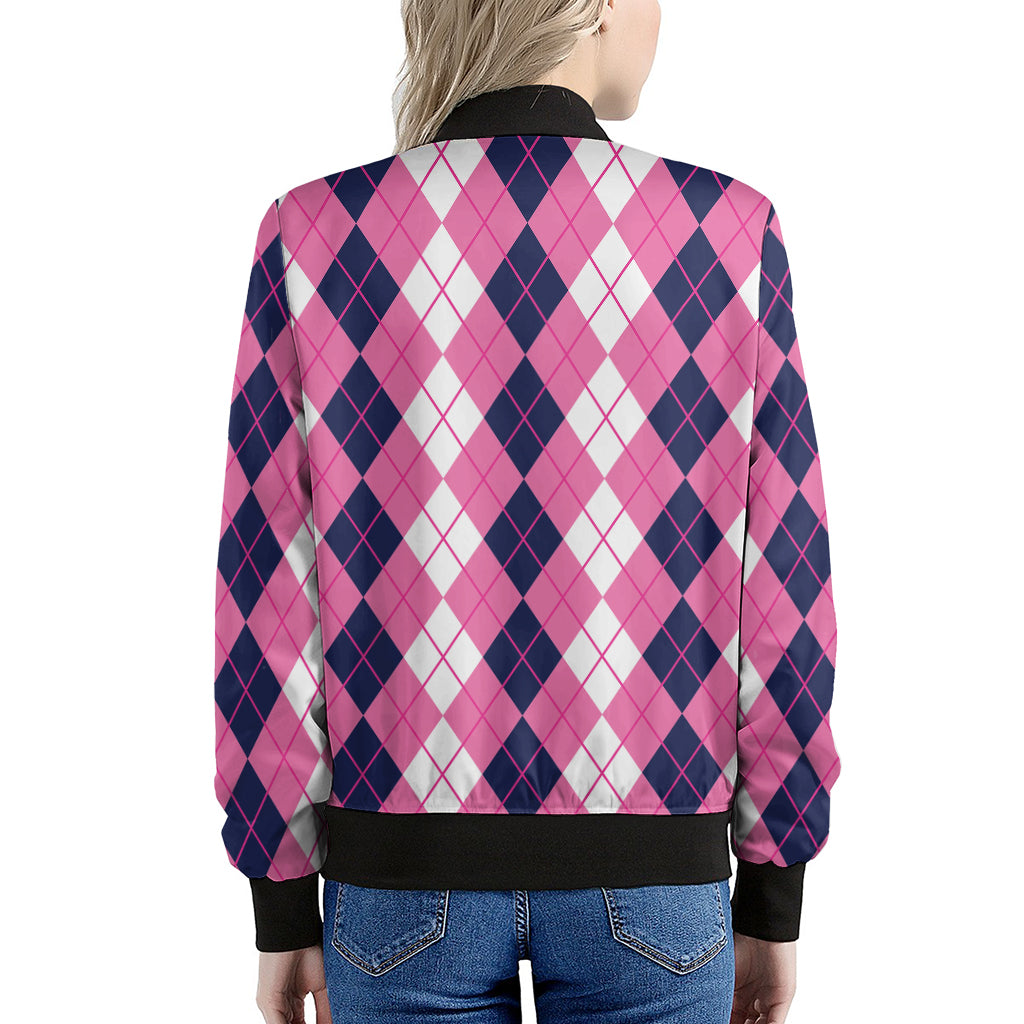 Pink White And Blue Argyle Pattern Print Women's Bomber Jacket