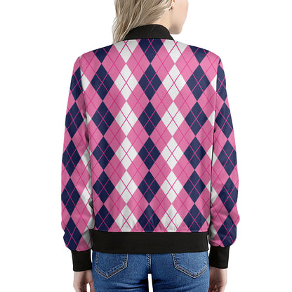 Pink White And Blue Argyle Pattern Print Women's Bomber Jacket