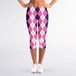 Pink White And Blue Argyle Pattern Print Women's Capri Leggings