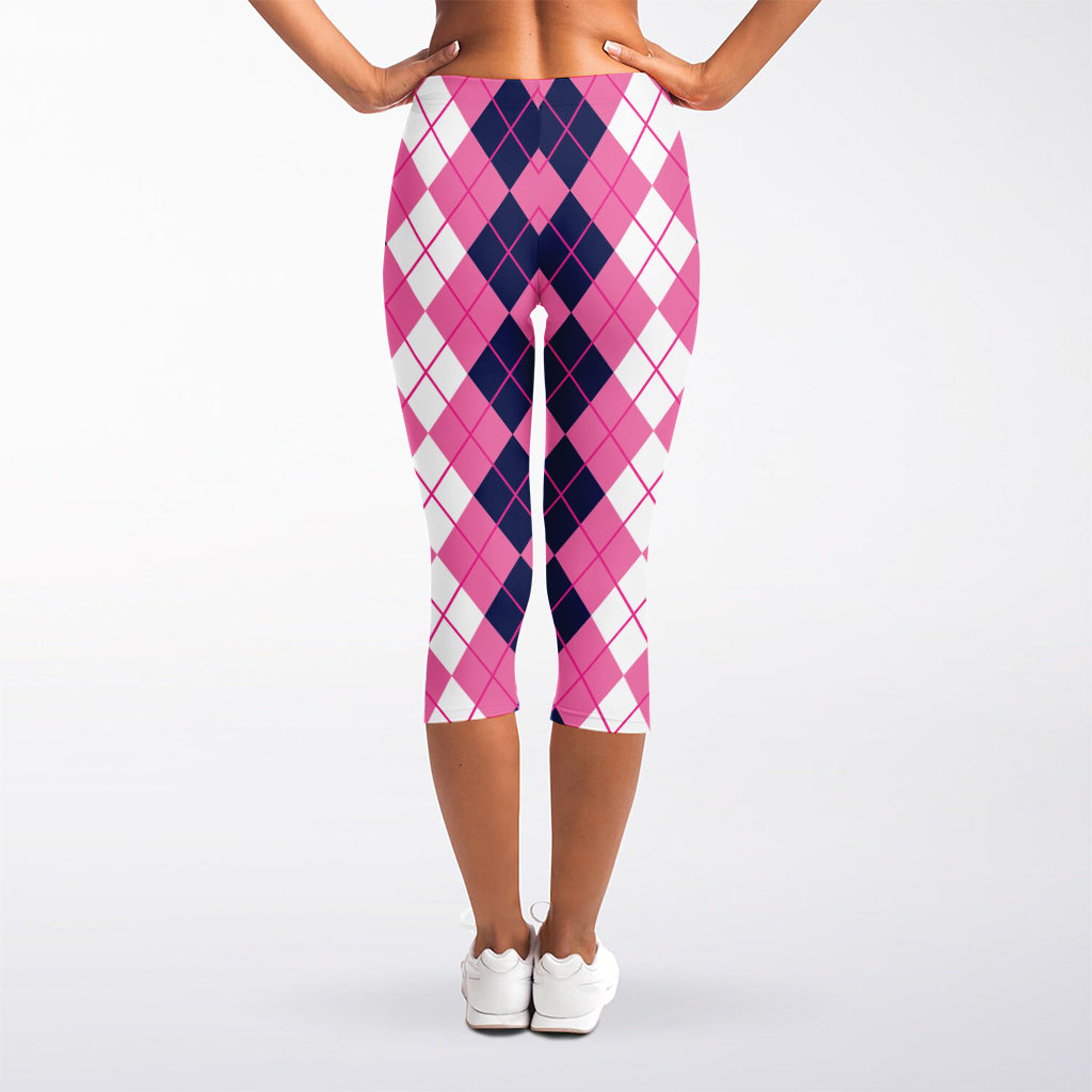 Pink White And Blue Argyle Pattern Print Women's Capri Leggings
