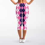 Pink White And Blue Argyle Pattern Print Women's Capri Leggings