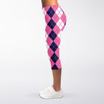 Pink White And Blue Argyle Pattern Print Women's Capri Leggings
