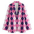 Pink White And Blue Argyle Pattern Print Women's Cotton Blazer