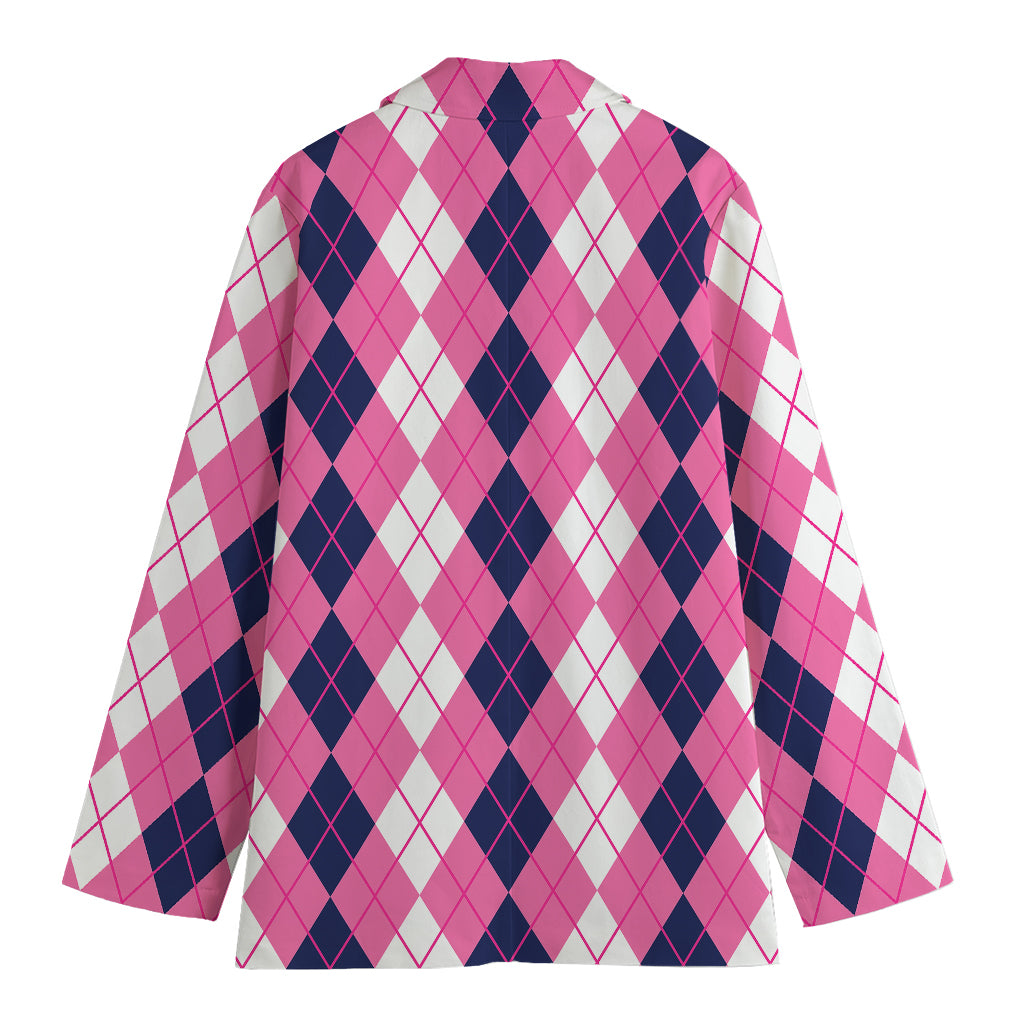 Pink White And Blue Argyle Pattern Print Women's Cotton Blazer