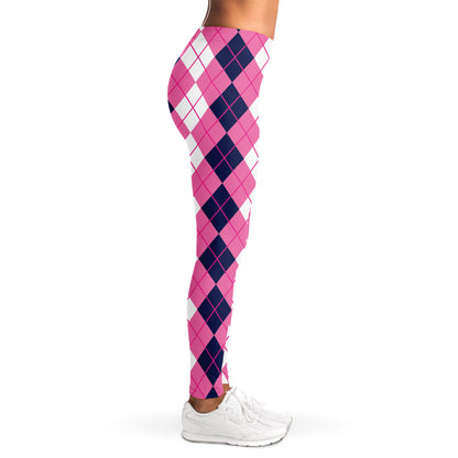 Pink White And Blue Argyle Pattern Print Women's Leggings