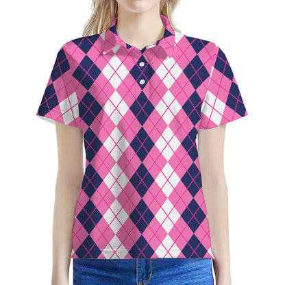 Pink White And Blue Argyle Pattern Print Women's Polo Shirt