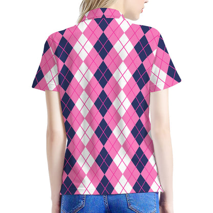 Pink White And Blue Argyle Pattern Print Women's Polo Shirt
