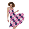 Pink White And Blue Argyle Pattern Print Sleeveless Knee Length Dress