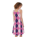 Pink White And Blue Argyle Pattern Print Women's Sleeveless Dress