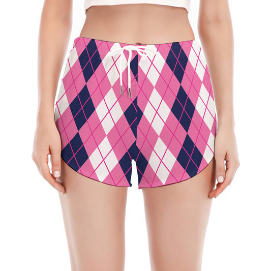 Pink White And Blue Argyle Pattern Print Women's Split Running Shorts