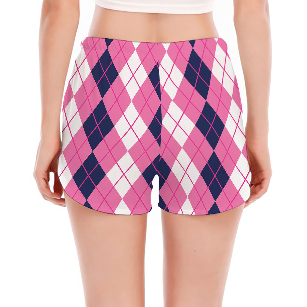 Pink White And Blue Argyle Pattern Print Women's Split Running Shorts