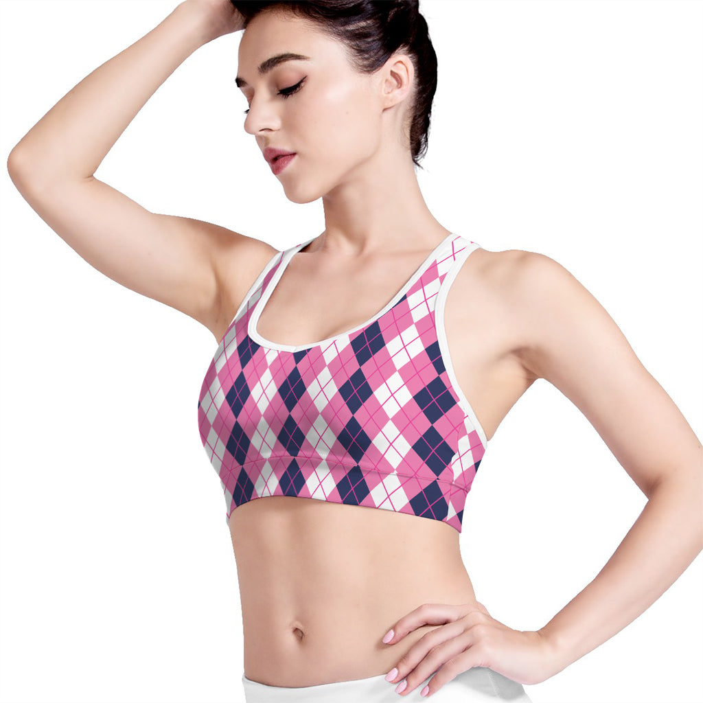 Pink White And Blue Argyle Pattern Print Women's Sports Bra