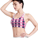 Pink White And Blue Argyle Pattern Print Women's Sports Bra