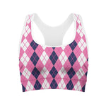 Pink White And Blue Argyle Pattern Print Women's Sports Bra