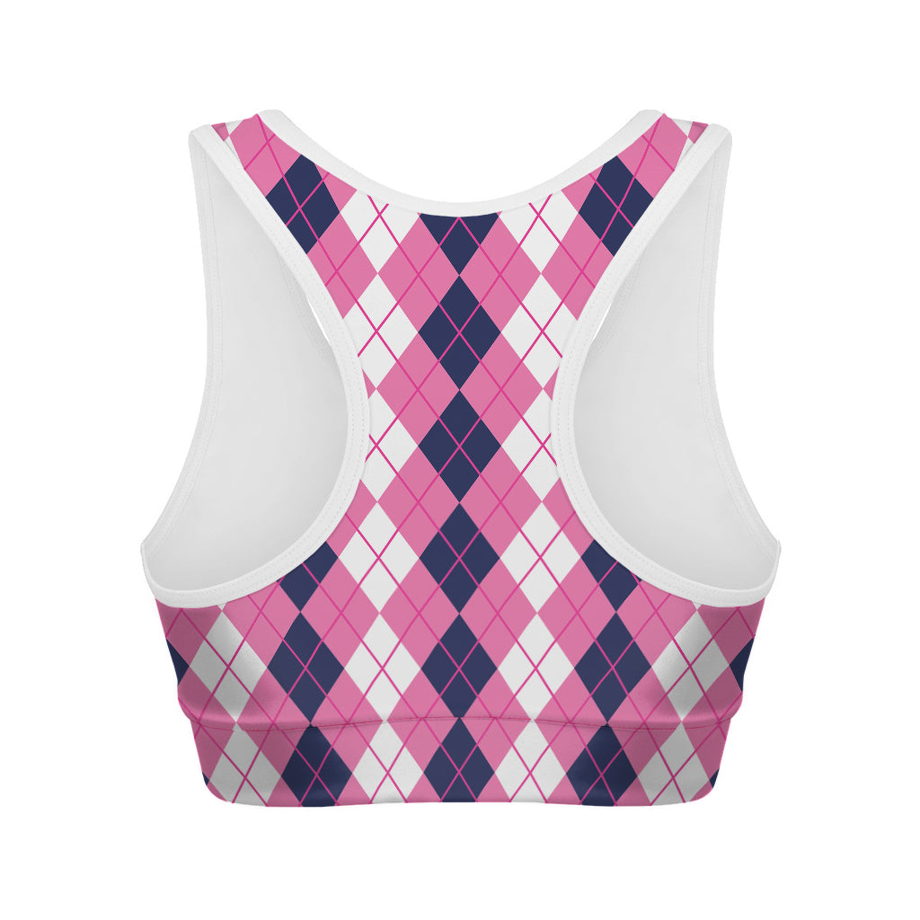 Pink White And Blue Argyle Pattern Print Women's Sports Bra