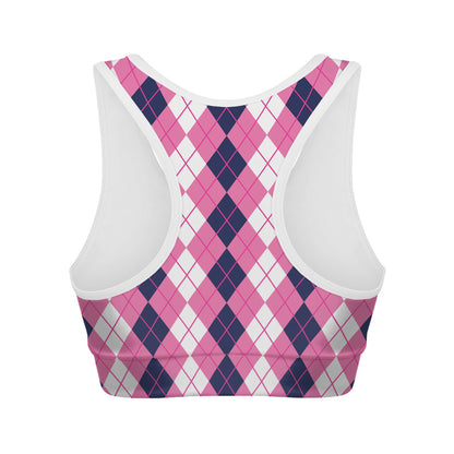 Pink White And Blue Argyle Pattern Print Women's Sports Bra