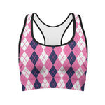 Pink White And Blue Argyle Pattern Print Women's Sports Bra