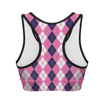 Pink White And Blue Argyle Pattern Print Women's Sports Bra