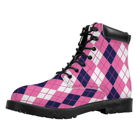 Pink White And Blue Argyle Pattern Print Work Boots