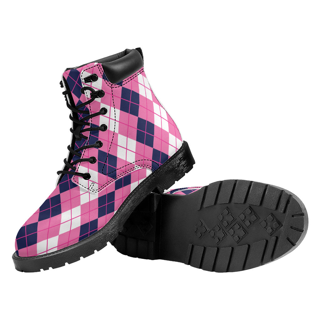 Pink White And Blue Argyle Pattern Print Work Boots