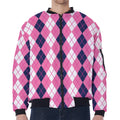 Pink White And Blue Argyle Pattern Print Zip Sleeve Bomber Jacket