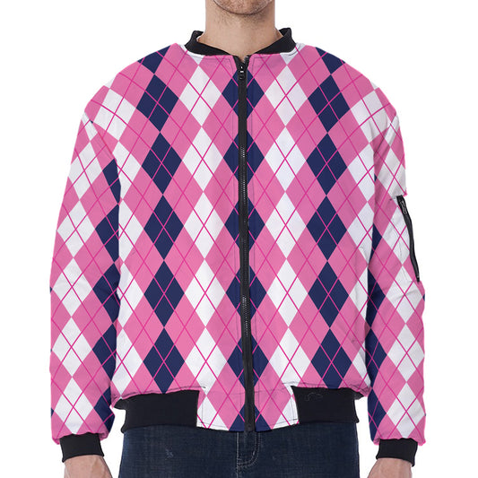 Pink White And Blue Argyle Pattern Print Zip Sleeve Bomber Jacket