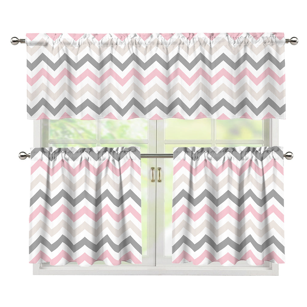 Pink White And Grey Chevron Print 3 Piece Kitchen Curtains