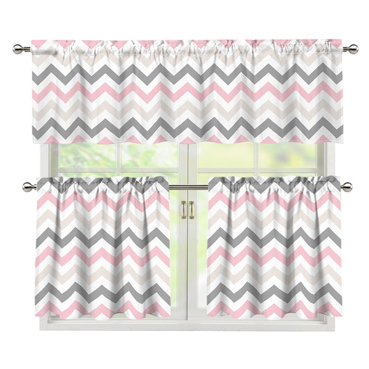 Pink White And Grey Chevron Print 3 Piece Kitchen Curtains