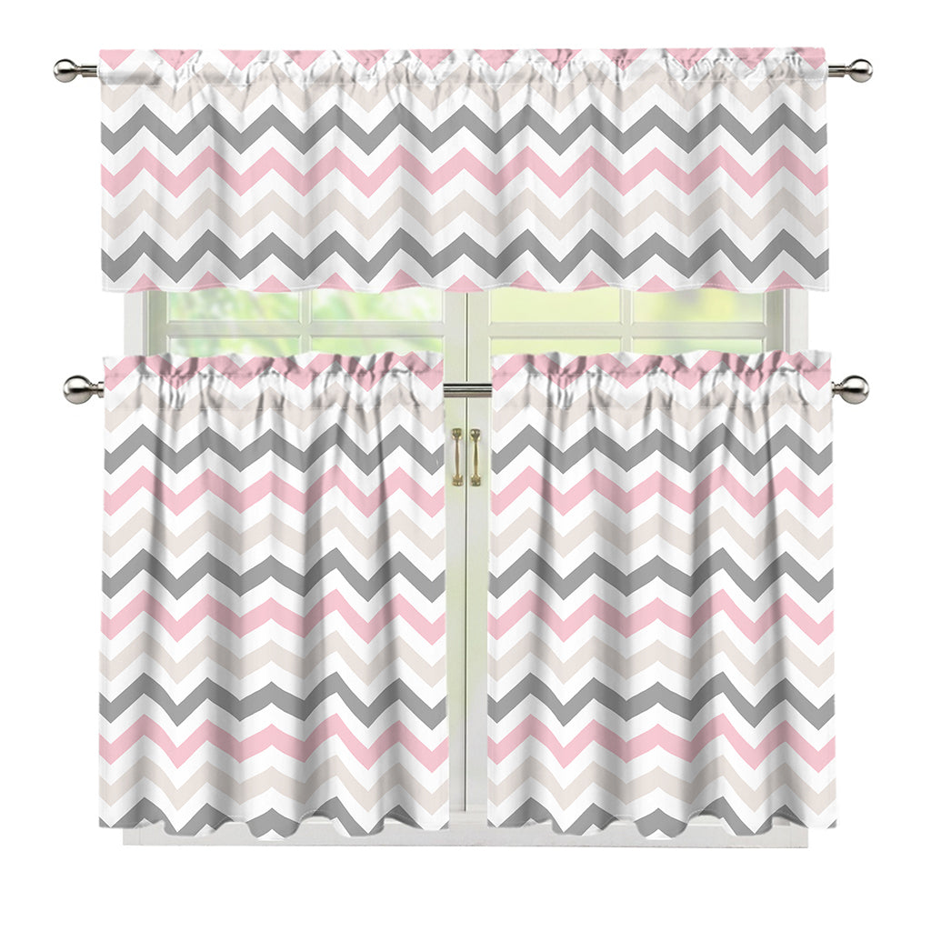 Pink White And Grey Chevron Print 3 Piece Kitchen Curtains