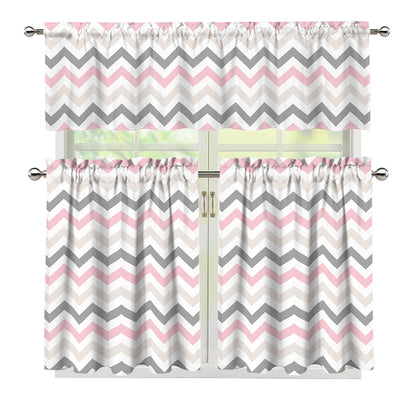 Pink White And Grey Chevron Print 3 Piece Kitchen Curtains
