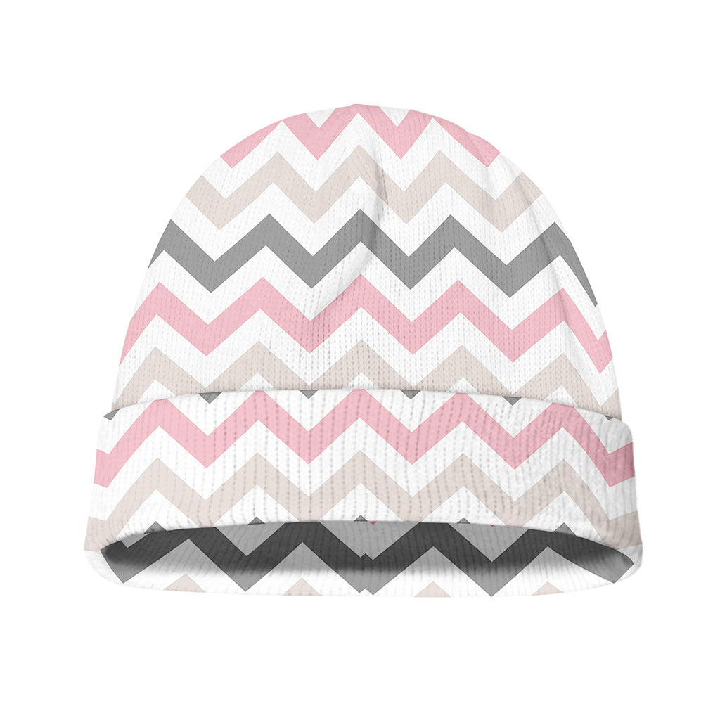 Pink White And Grey Chevron Print Beanie