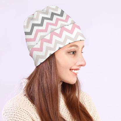 Pink White And Grey Chevron Print Beanie