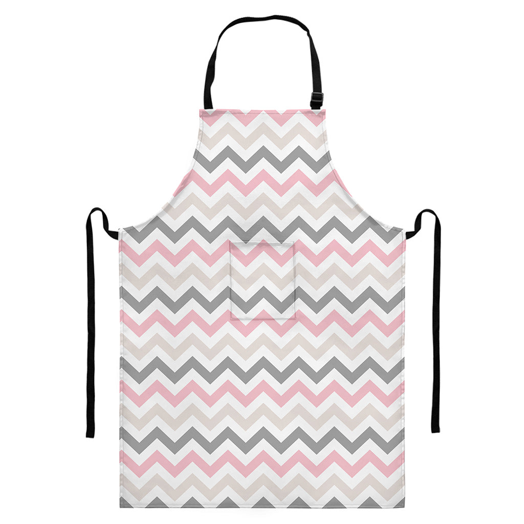 Pink White And Grey Chevron Print Bib Apron With Pocket