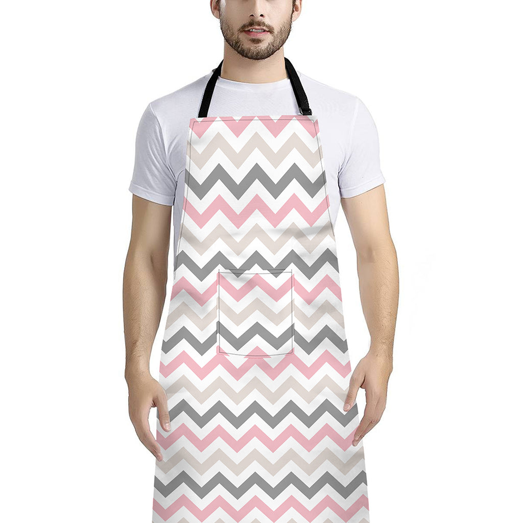 Pink White And Grey Chevron Print Bib Apron With Pocket