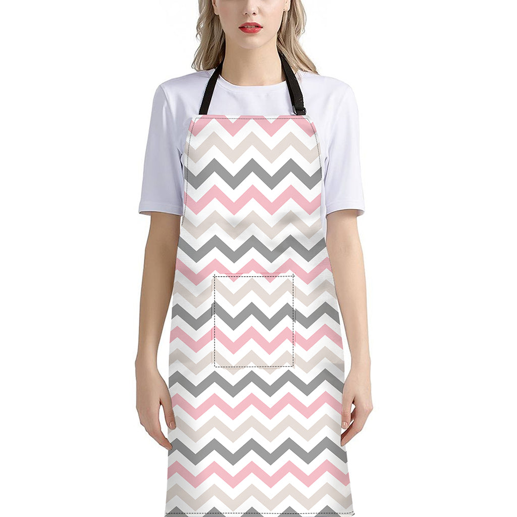 Pink White And Grey Chevron Print Bib Apron With Pocket