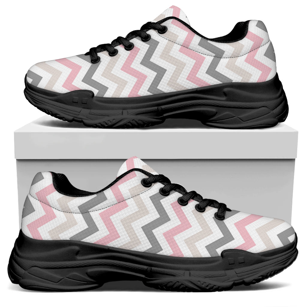 Pink White And Grey Chevron Print Black Chunky Shoes