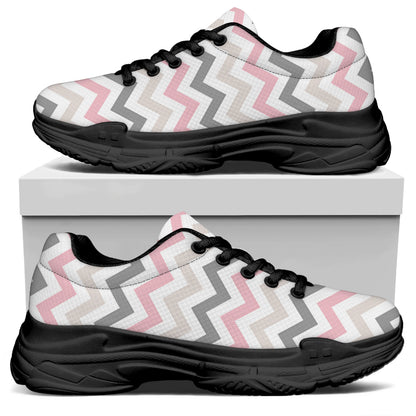 Pink White And Grey Chevron Print Black Chunky Shoes