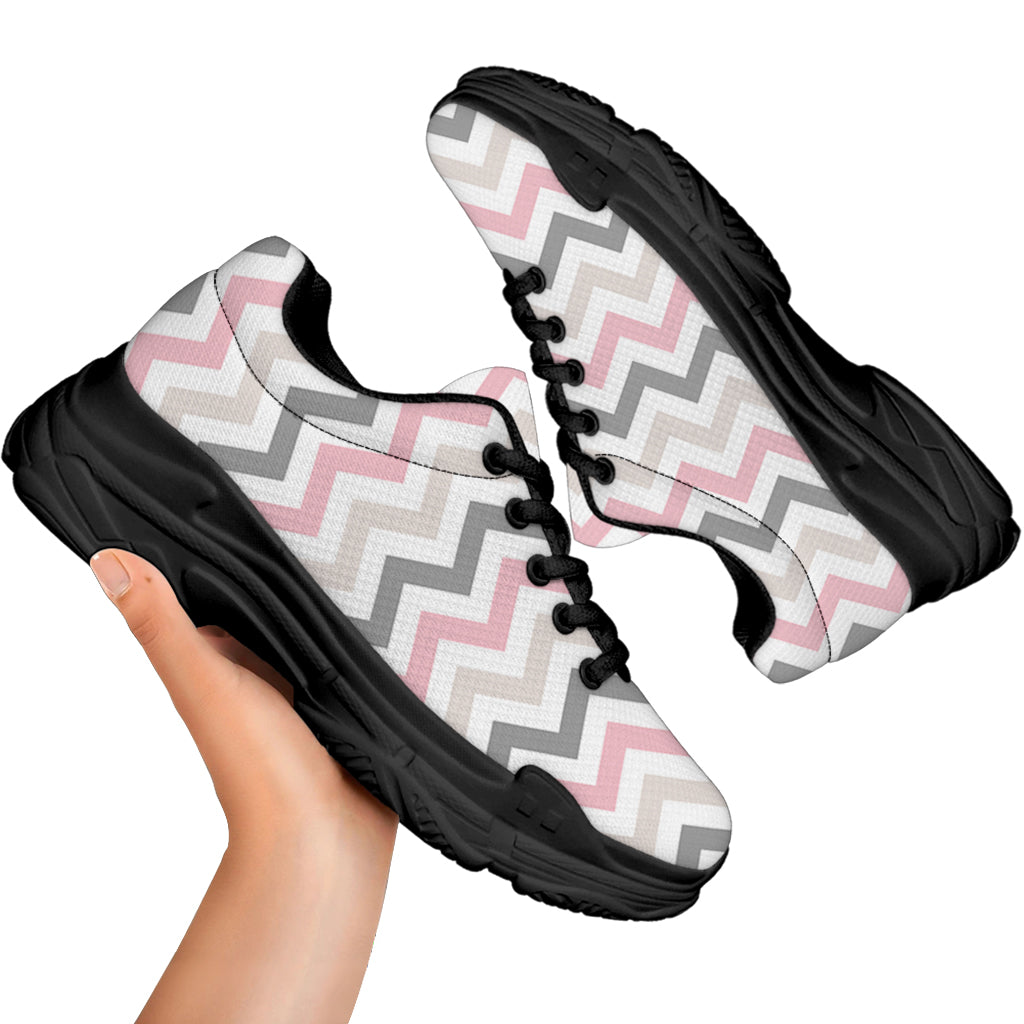 Pink White And Grey Chevron Print Black Chunky Shoes