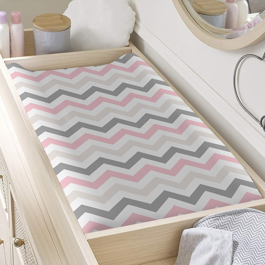 Pink White And Grey Chevron Print Changing Pad Cover