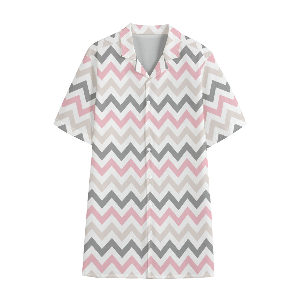 Pink White And Grey Chevron Print Cotton Hawaiian Shirt