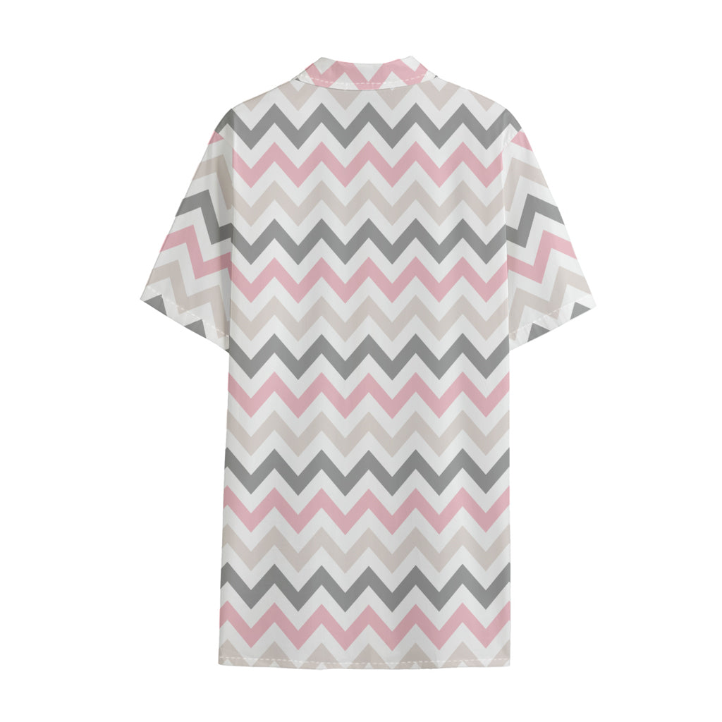 Pink White And Grey Chevron Print Cotton Hawaiian Shirt
