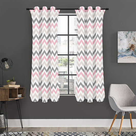 Pink White And Grey Chevron Print Curtain
